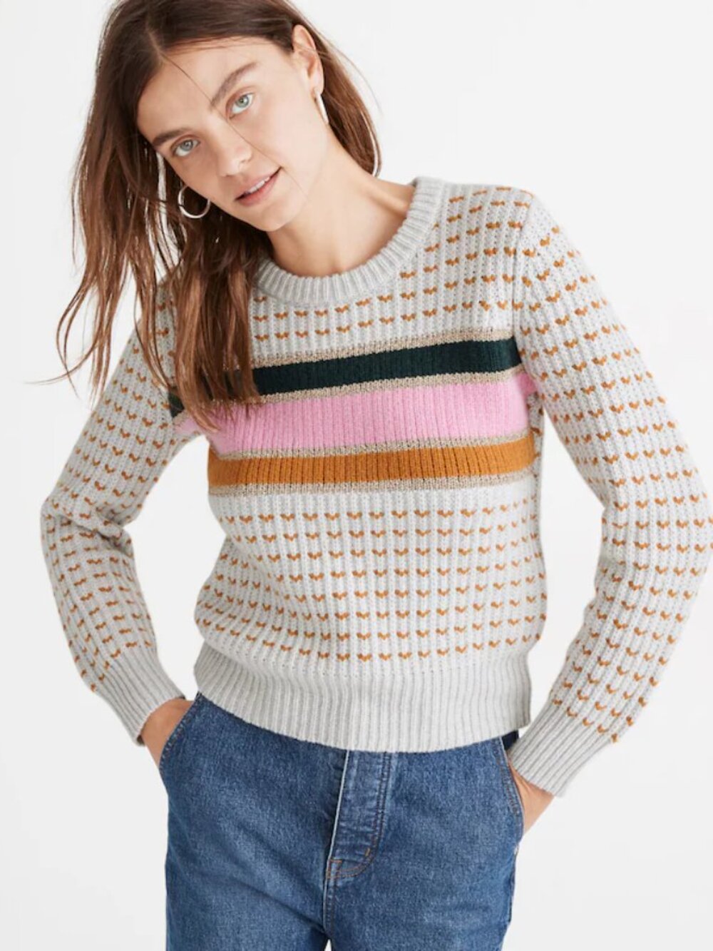 Madewell Striped Barfield Color Block Hearts Sweater Sz XS